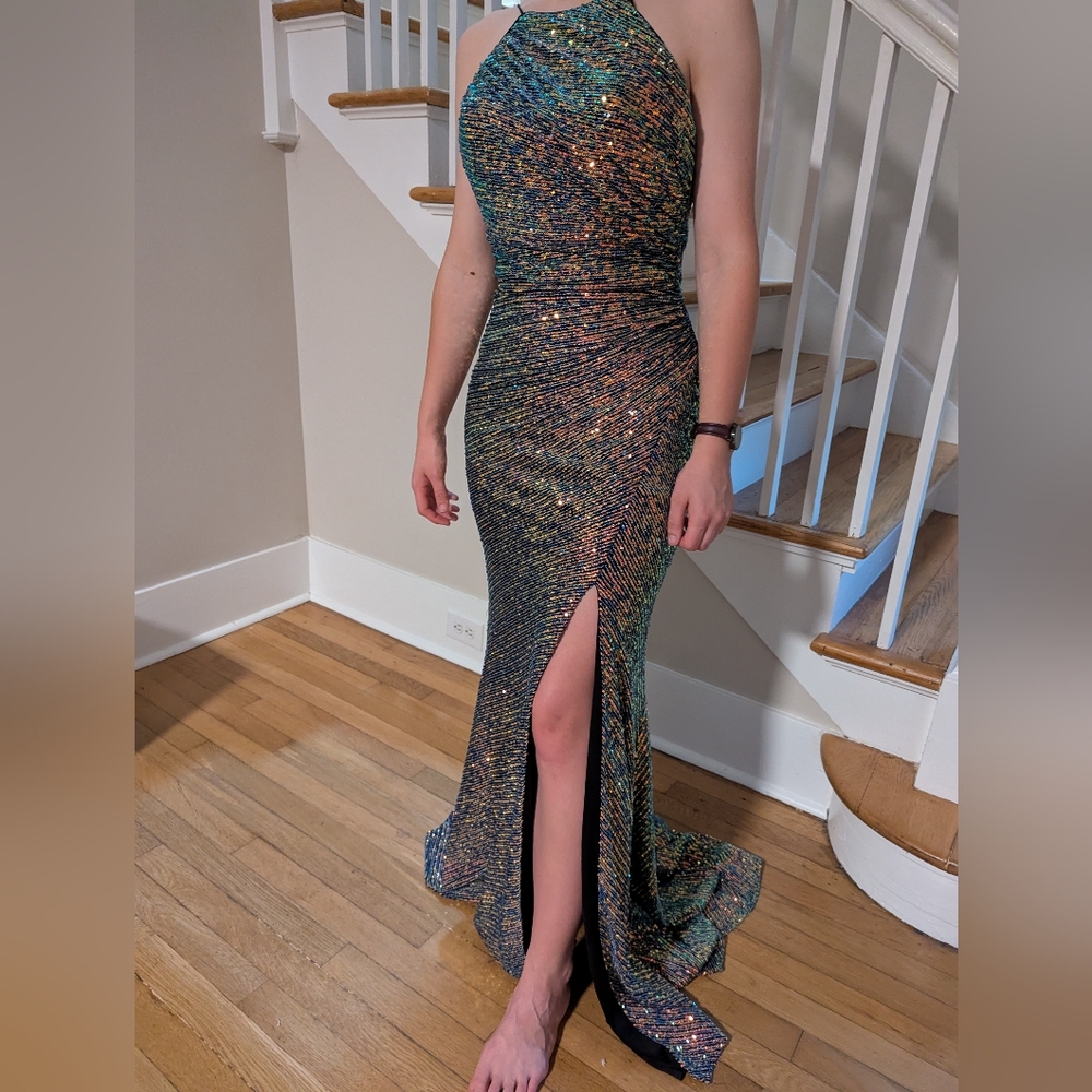 Gorgeous Sequin Blue & Gold Maxi Dress with Flowing Silhouette